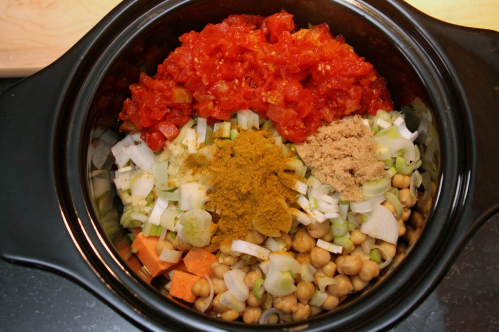 Soup ingredients in the slow cooker pot