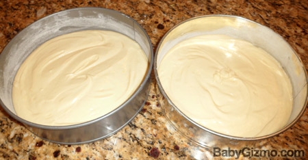 vanilla cake batter in pans
