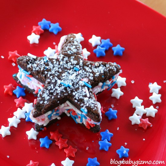 star shaped ice cream sandwich on red plate with sprinkles