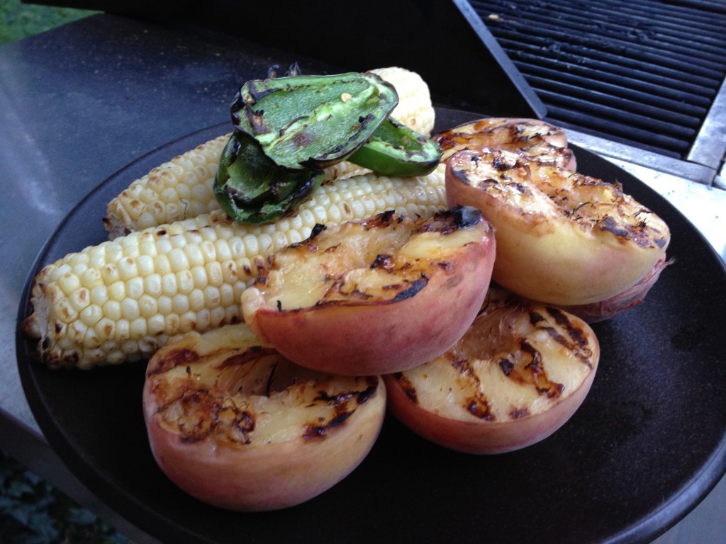 Grilled peaches, corn and jalapeños