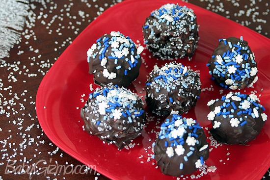 Chocolate Peppermint Rice Krispie Bals on red plate