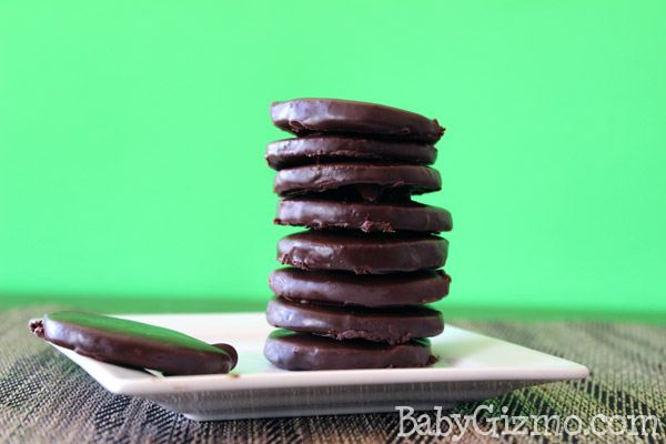 stack of mint cookies with green background