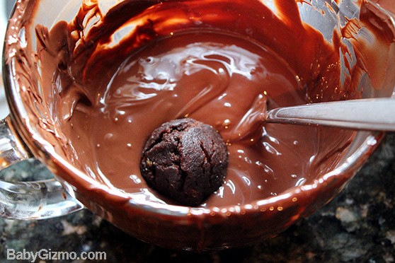 brownie bombs dipped in chocolate bowl