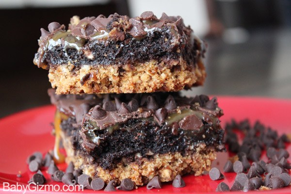 close up of stacked Caramel Brownies