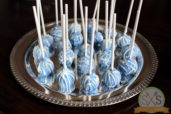 Baby blue Cake Pops on a silver tray