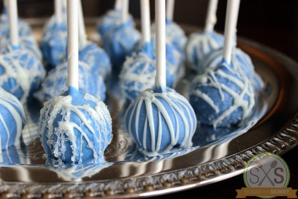 blue cake pops on silver tray