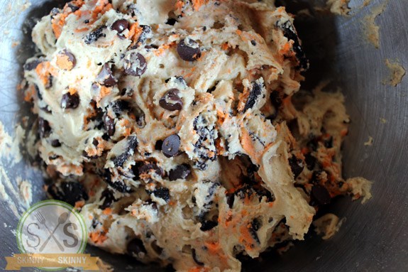 mixed cookie dough in a metal mixing bowl