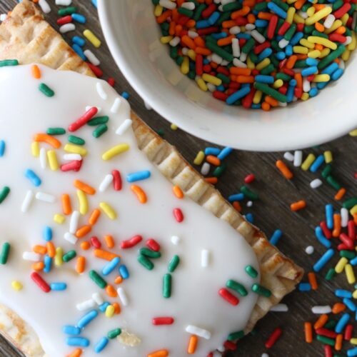 strawberry pop tart by bowl of sprinkles